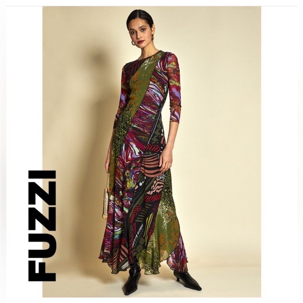 FUZZI Patchwork Printed Tulle Mesh Long Sleeve Maxi Slip Dress XS